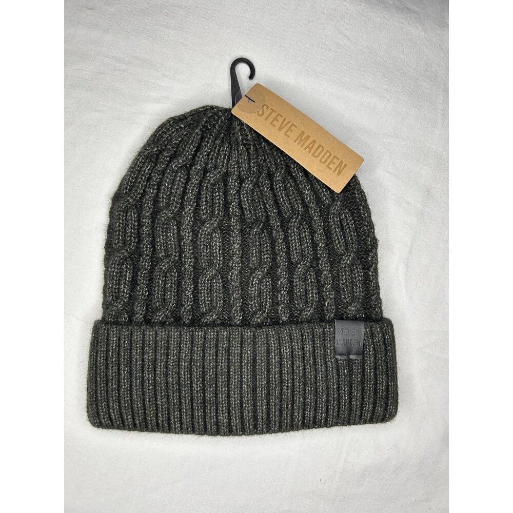 Steve Madden Hat Beanie Cuffed Cable Knit Ribbed OS Heather Black Winter Outdoor